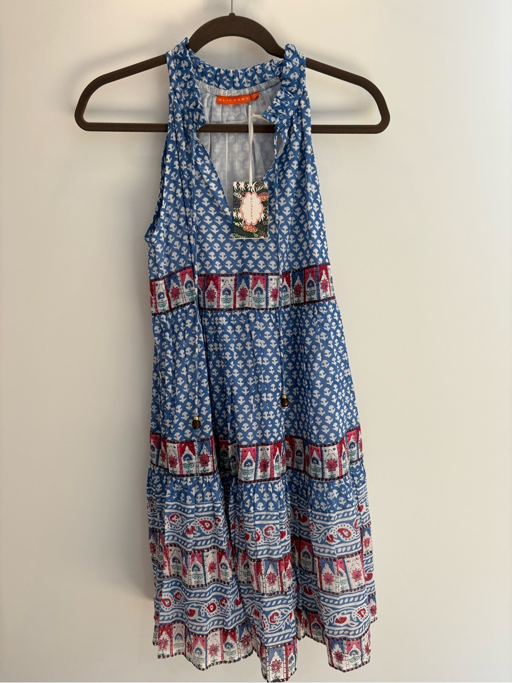 Oliphant Blue Printed Sleeveless Women's Dress with Red Accent Border
